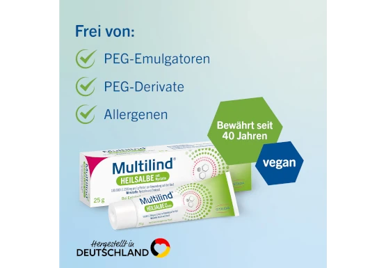 Frei von PEG-Emulgatoren, -Derivaten und Allergenen Multilind Heilsalbe ist frei von PEG-Emulgatoren, -Derivaten und Allergenen
