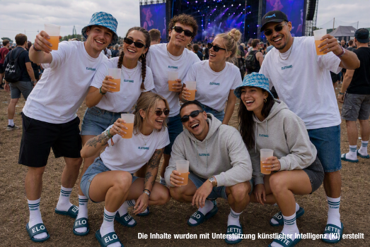 Gruppenfoto von jungen Menschen mit Elotrans Merch Gruppenfoto von jungen Menschen mit Elotrans Merch