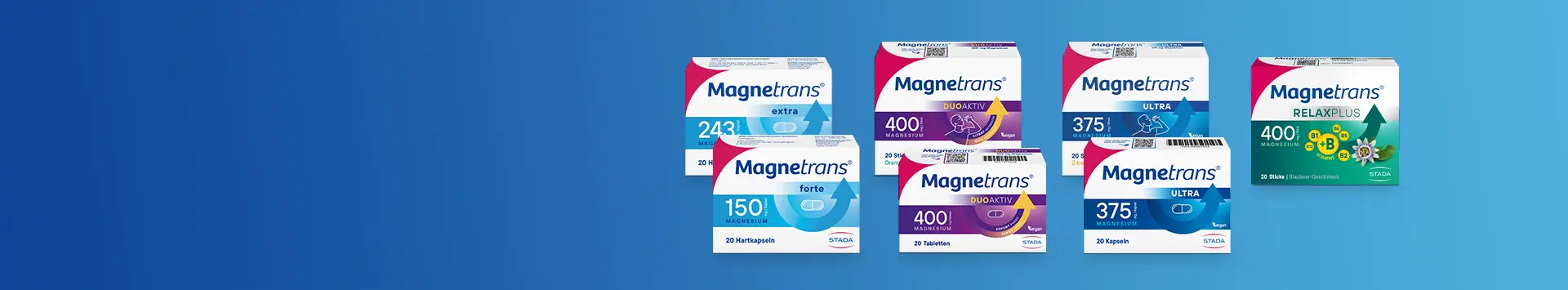 Banner mit allen Umverpackungen der Magnetrans Produkte abgebildet