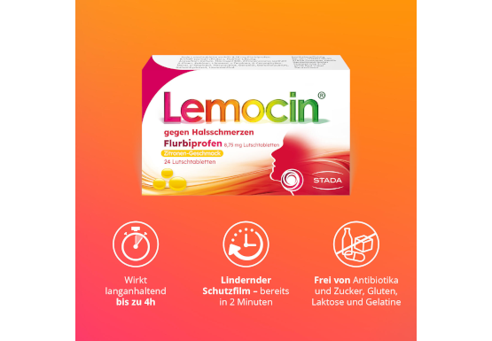 Grafik mit Vorteilen von Lemocin Flurbiprofen Zitrone